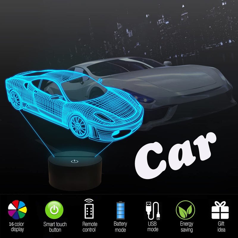 FULLOSUN Car 3D Night Light, Sport Racing Car Illusion Lamp with Remote Control 16 Colors Changing, Holiday Xmas Birthday Gifts for Kids Child Teen Todder - Image 2